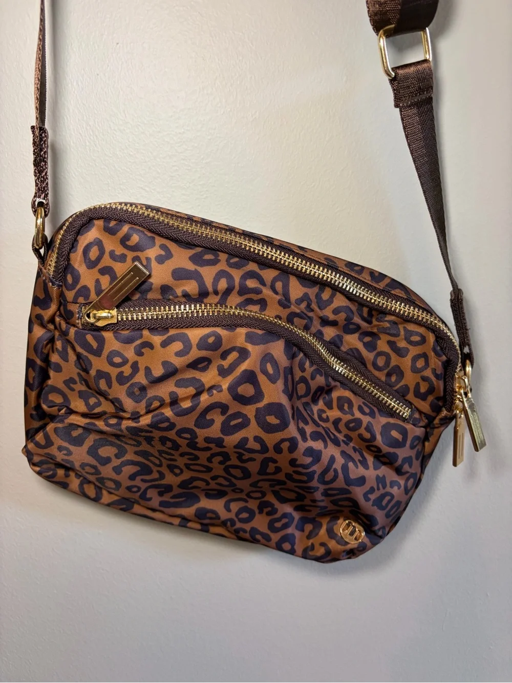 Leopard Print Crossbody Bag with Adjustable Strap - Brown